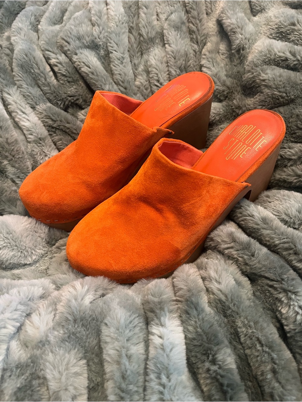 Charlotte Stone Orange Suede Clog Mules - Picture 2 of 6